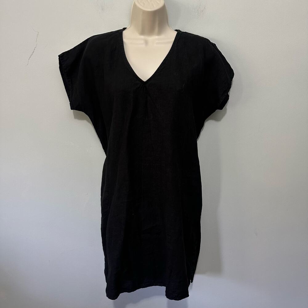 River + Sky Dress Womens XS Black Linen Mini Shift Pockets Lagenlook Minimalist